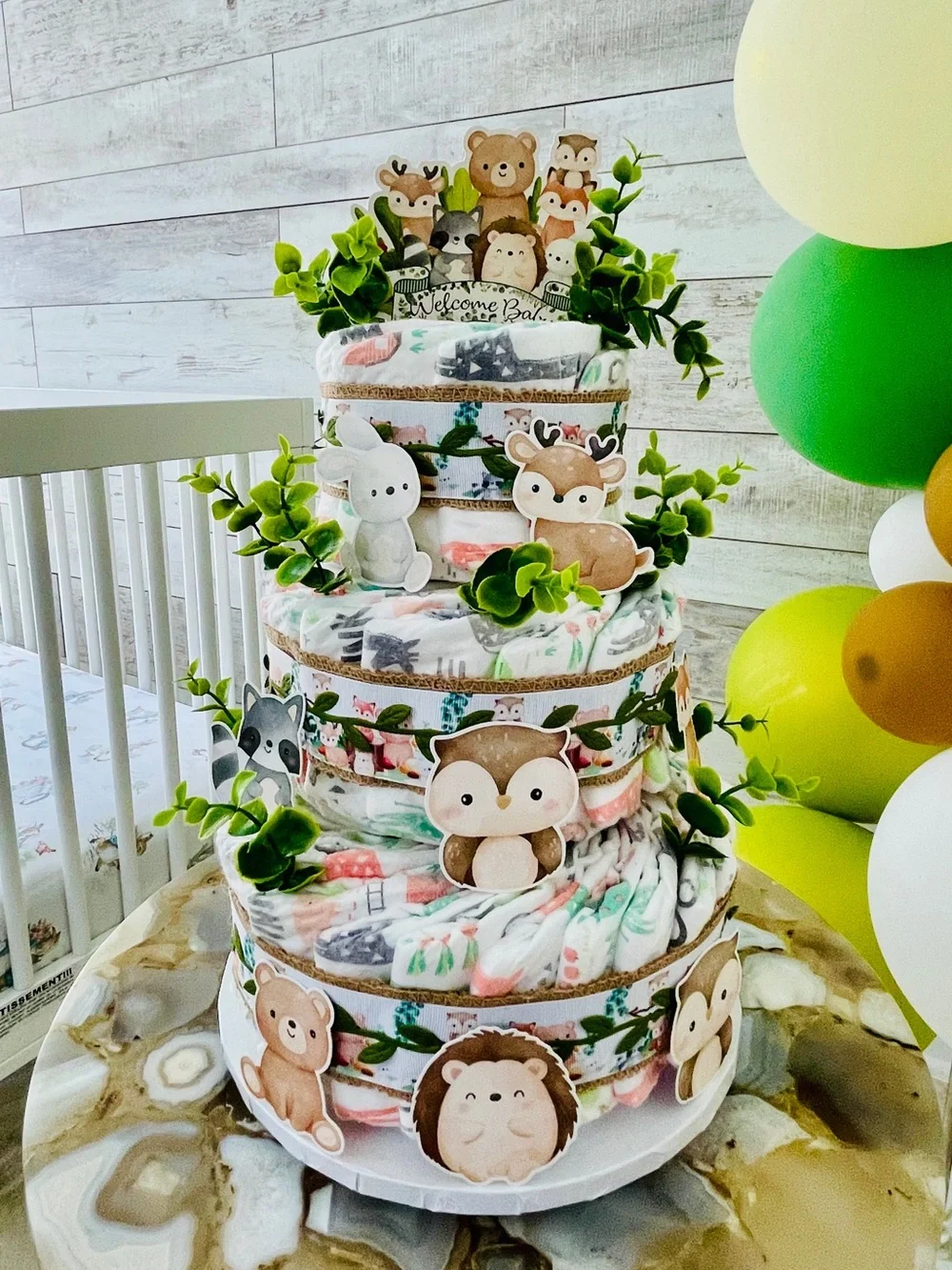 New HANDMADE Woodland Animals Diaper Cake - Neutral Woodland Baby Gift